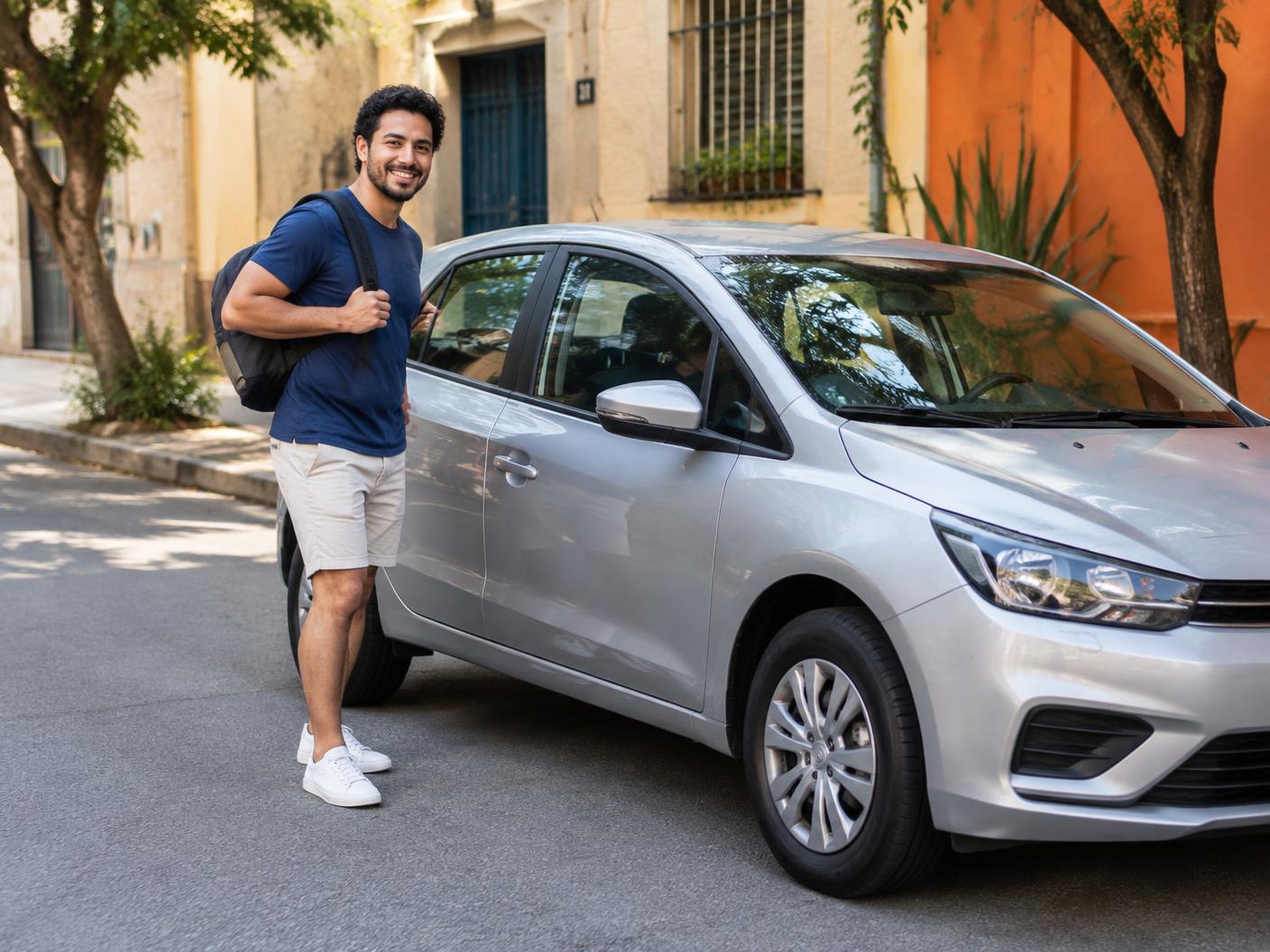 Pessoa ao lado de um carro em uma rua brasileira